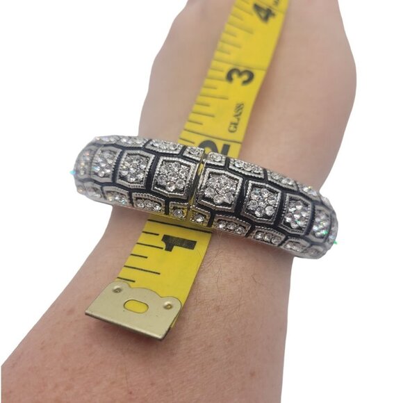 High Polished Silver & Black Color Metal Crystal Studded Bangle Cuff Bracelet - Picture 3 of 3